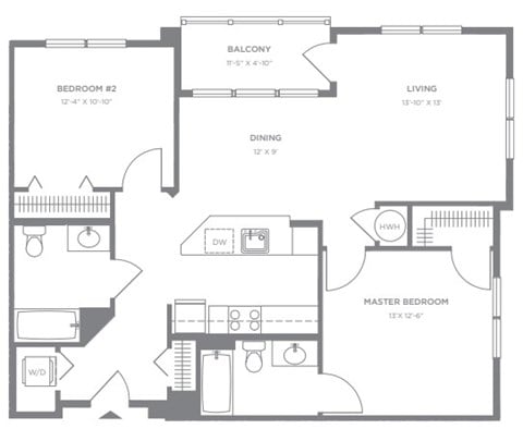Floor plan for 2 beds, 2 baths, 1077 sqft